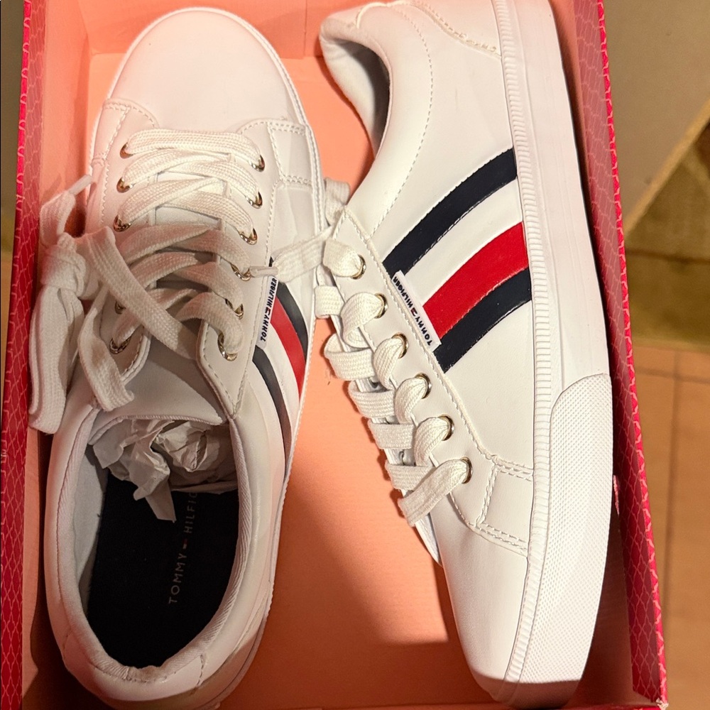 Tommy Hilfiger White Sneakers with Red and Blue Stripes-NWT